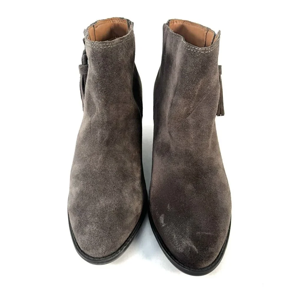Vionic Madeline Womans 9 Suede Tassel Zipper Block Heel Ankle Boot Taupe Gray